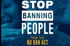 [ai] An image promoting the No Ban Act. The text reads "STOP BANNING PEOPLE" in large white letters, with "PASS THE NO BAN ACT" below in smaller yellow text. The background features two individuals embracing.